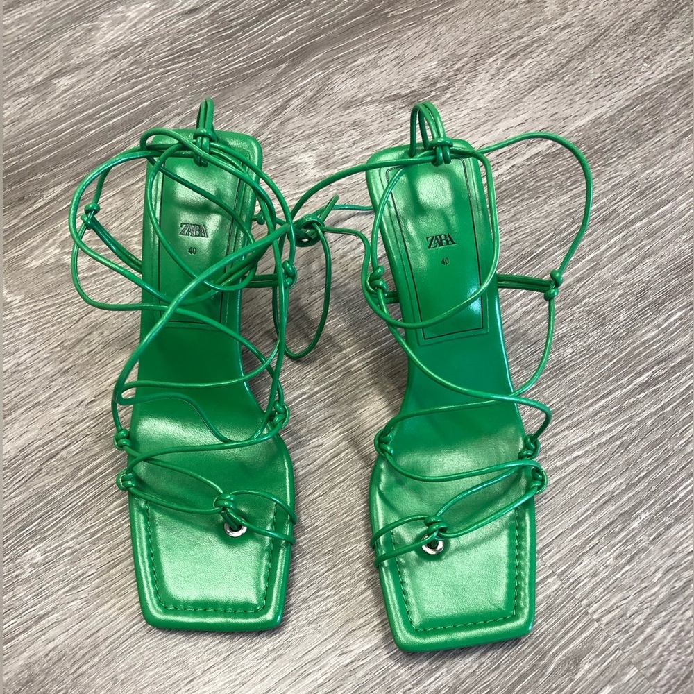 ZARA Green Strappy Lace-Up Sandals